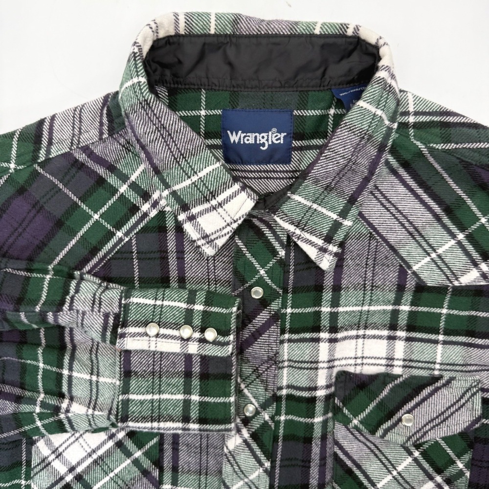 Wrangler Western Shirt Mens XXL Green Plaid Flannel Pearl Snap 75273AA LS